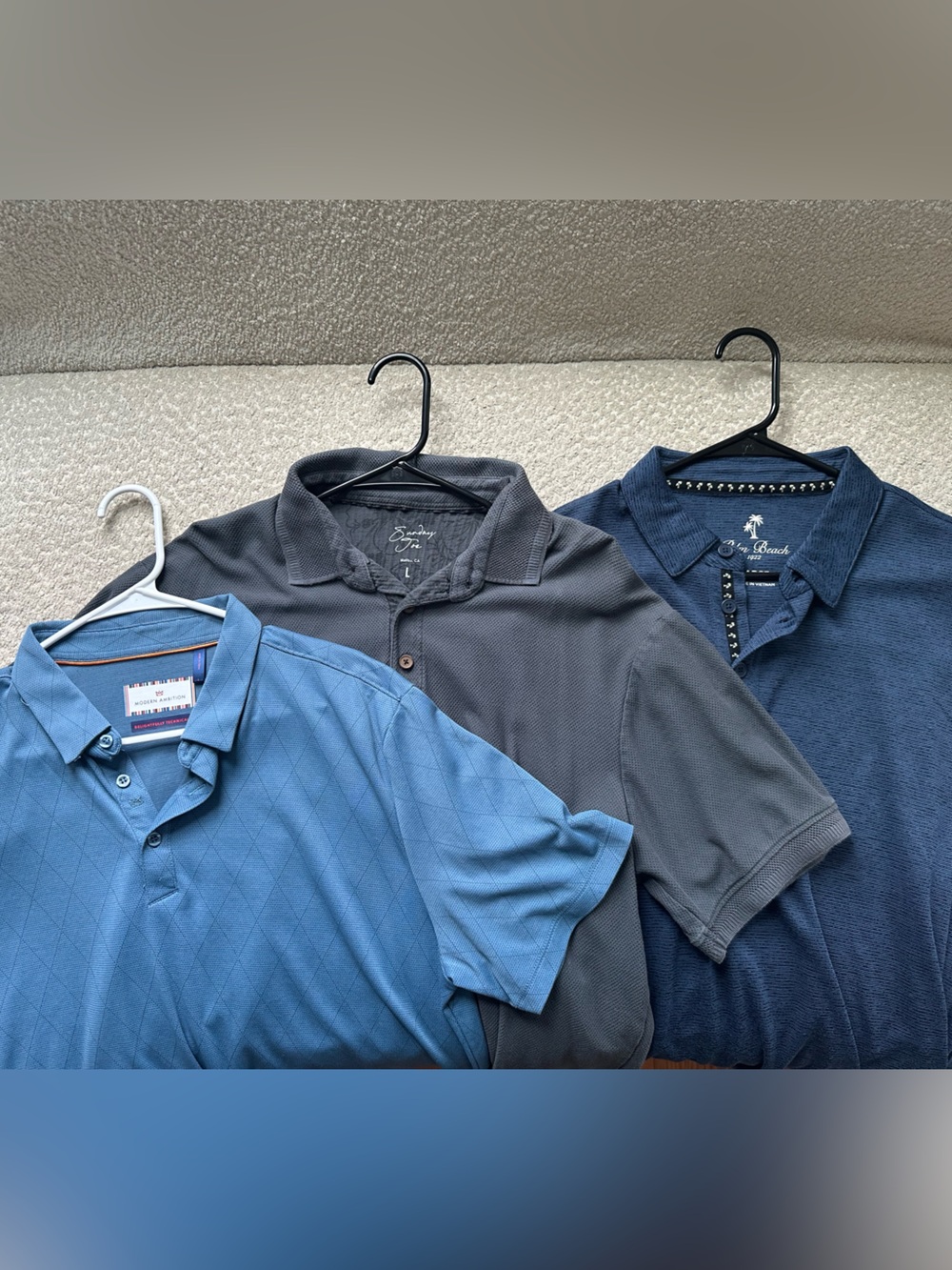 Lot of 3 Men's Polo Shirts, All Size Large, Blue & Gray, Moisture Wicking